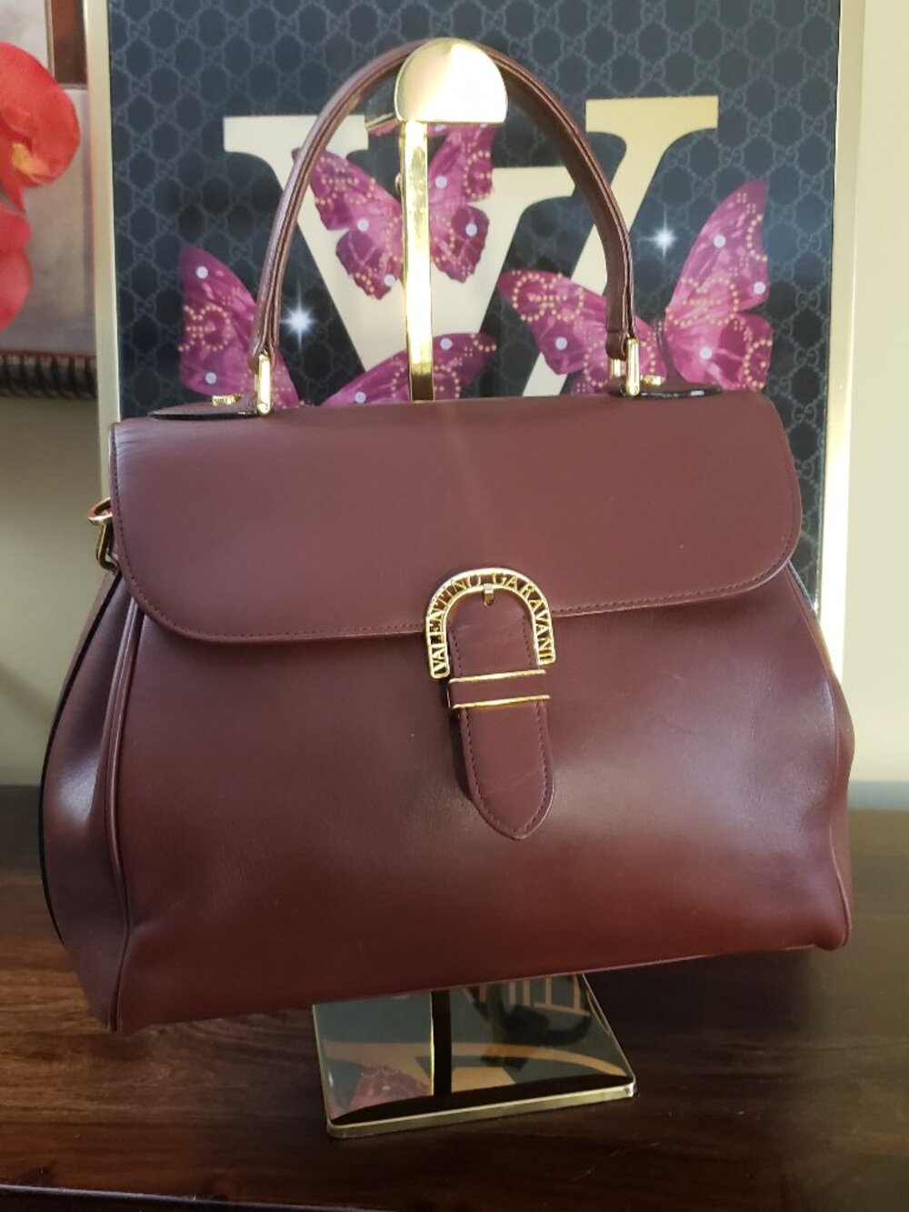 Valentino Garavani Leather Bag w/Iconic Gold Logo Buckle